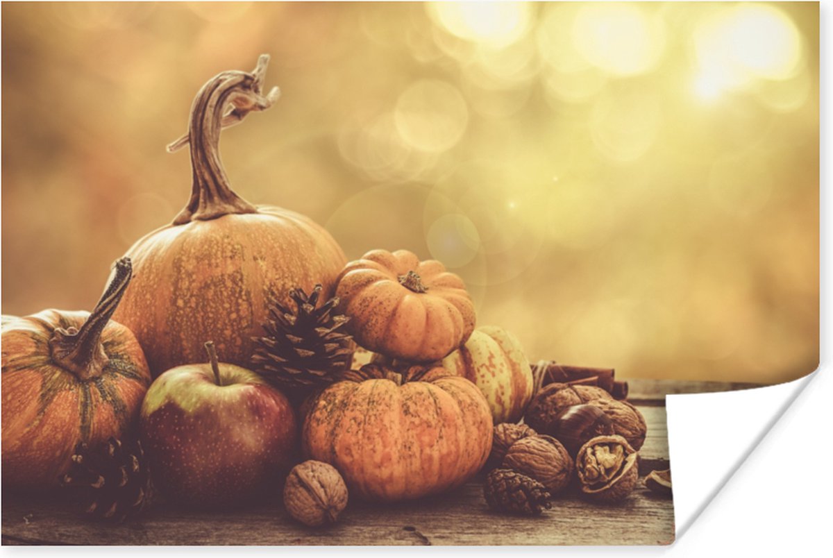 Poster Pompoen - Herfst - Dennenappel - Fruit - Appel - 90x60 cm