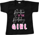 Shirt verjaardag meisje-brother of the birthday girl-zwart-roze-wit-Maat 62