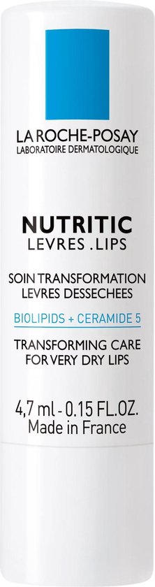 Witte lippenbalsem van La Roche-Posay Nutritic met witte dop en blauw logo.