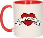 I love you cadeau koffiemok / theebeker wit en rood met hartjes - 300 ml - keramiek - Valentijnsdag / bruiloft - bekers / mokken
