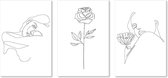 Graphic Message Schilderij op Canvas Bloemen 2 - Line Art Serie - Set van 3 - Drieluik