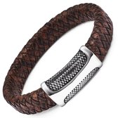 Gevlochten Heren Armband – 100% Echt Leder & Edelstaal – Magneetsluiting Snakeskin – 20,5 cm – Bruin - Rhylane