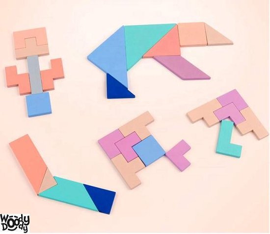 Thumbnail van een extra afbeelding van het spel Tetris Vormen Puzzel - Houten Blokjes Tangram - Educatief Spel 4 jaar - Ruimtelijk Speelgoed Jong en Oud Kleurrijk Veilig - WoodyDoody