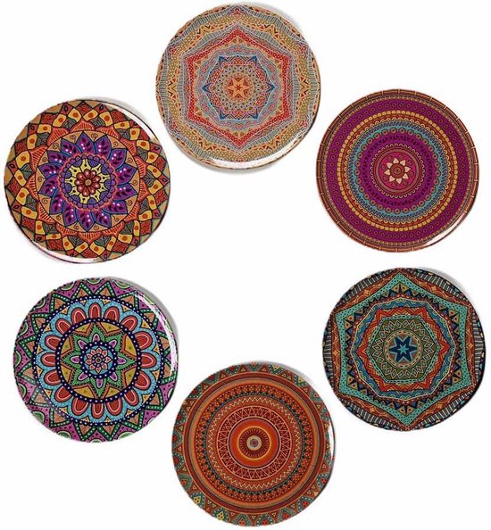 Onderzetters - Set van 6 - Rond - Onderzetters voor glazen - Bohemian - Oosterse - Mandala design - Coasters -