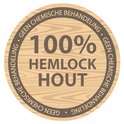 Cirkelvormig logo met '100% HEMLOCK HOUT GEEN CHEMISCHE BEHANDELING'.