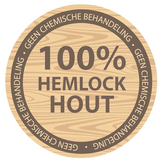 Cirkelvormig logo met '100% HEMLOCK HOUT GEEN CHEMISCHE BEHANDELING'.