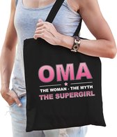 Oma the supergirl cadeau tasje zwart voor dames - oma jarig kado tas / katoenen shopper