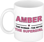 Naam cadeau Amber - The woman, The myth the supergirl koffie mok / beker 300 ml - naam/namen mokken - Cadeau voor o.a  verjaardag/ moederdag/ pensioen/ geslaagd/ bedankt