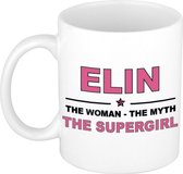 Naam cadeau Elin - The woman, The myth the supergirl koffie mok / beker 300 ml - naam/namen mokken - Cadeau voor o.a verjaardag/ moederdag/ pensioen/ geslaagd/ bedankt