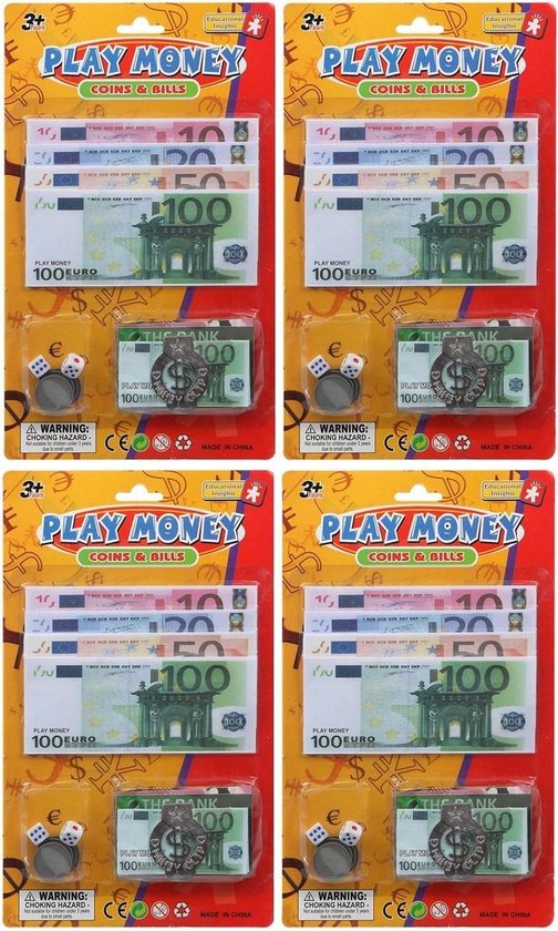 4x jeux d'argent fictif euro avec pince à billets pour enfants