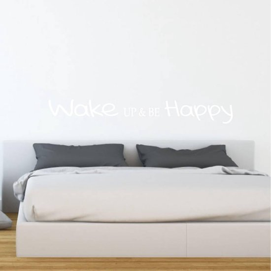 Muursticker Wake Up & Be Happy - Wit - 120 x 16 cm - Muursticker4Sale