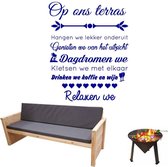 Muursticker Op Ons Terras -  Donkerblauw -  100 x 126 cm  -  nederlandse teksten  tuin  alle - Muursticker4Sale