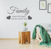 Muursticker Family Where Life Begins And Love Never Ends - Donkergrijs - 120 x 60 cm - engelse teksten woonkamer