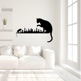 Muursticker Kat En Muis Spelen - Zwart - 80 x 52 cm -  baby en kinderkamer slaapkamer woonkamer dieren