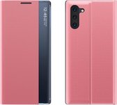 Voor Galaxy Note 10 Plus Side Display met magnetische / beugelfunctie / slaapfunctie Effen structuurdoek + pc Flip Case (roze)