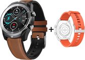 Belesy® Subliem - Smartwatch heren - Horloge - Stappenteller -  Belfunctie - 1.3 Kleurenscherm - Full Touch - Zilver - Zwart - Oranje Siliconen + Bruin Leer Siliconen Band