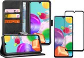 Samsung A41 Hoesje en Samsung A41 Screenprotector - Samsung Galaxy A41 Hoesje Book Case Leer Wallet Zwart + Screen Protector Full