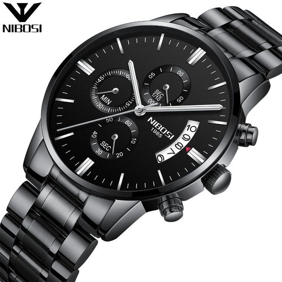 NIBOSI Horloges voor mannen zwart - Horloge mannen - Luxe Zwart op Zwart  Design –... | bol.com