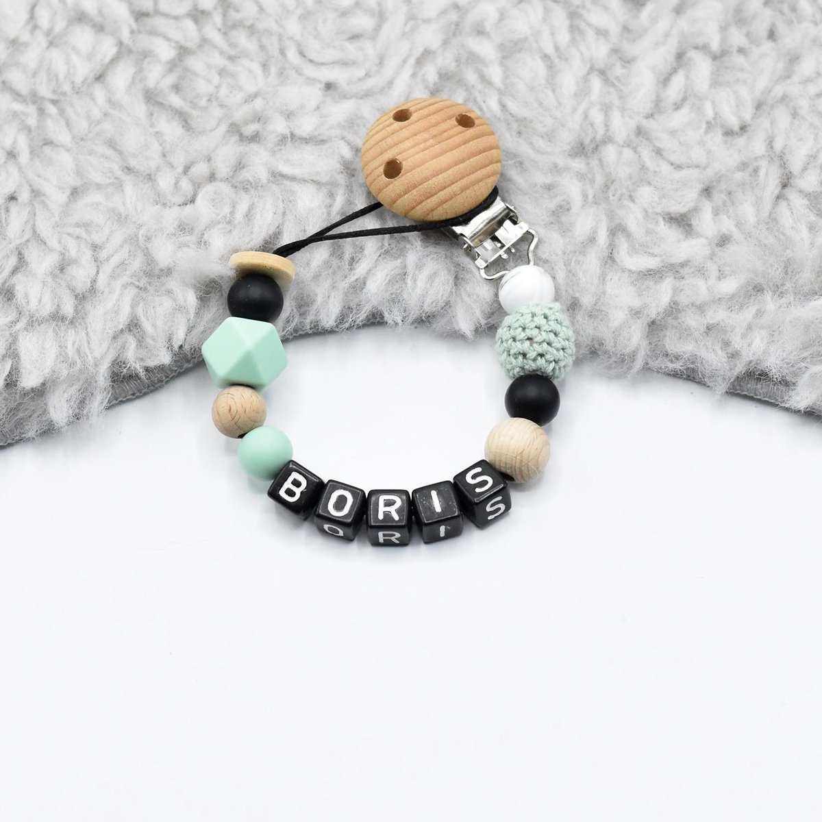 Goedkoopste TippieToe - Speenkoord met Naam Boris - voor Jongen of Meisje - mintgroen, zwart marble