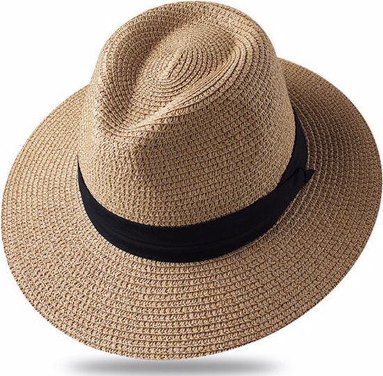 Chapeau d'été - Chapeau soleil UV - Chapeau de plage - Chapeau de paille - Chapeau femme / homme - Ajustable - 56-58 cm - Naturel / Marron clair