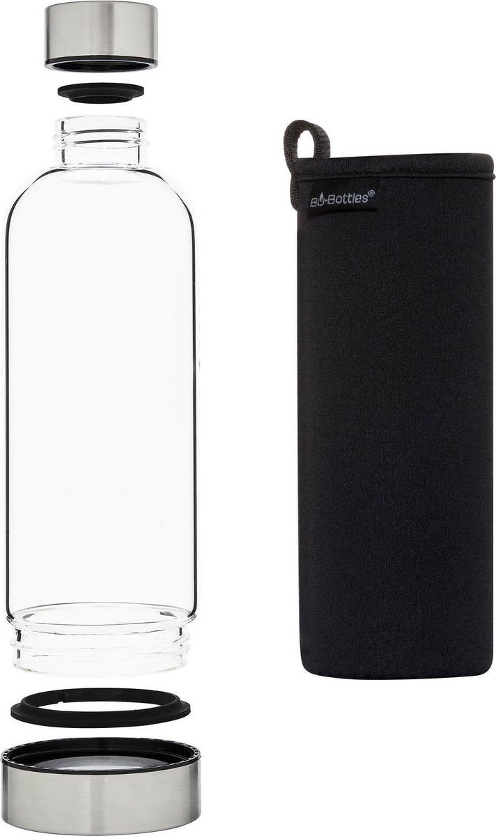 Bo-Bottle 750ULTD incl. zwarte jacket - 750ml - Glazen drinkfles - Zeer sterk borosilicaatglas - Geschikt voor koude & warme dranken - Duurzaam cadeau