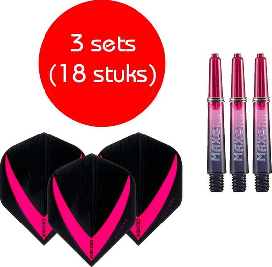 Darts Set - Maxgrip – 3 sets - darts shafts - zwart-roze - short – en 3 sets – Vista-X – stevige - darts flights