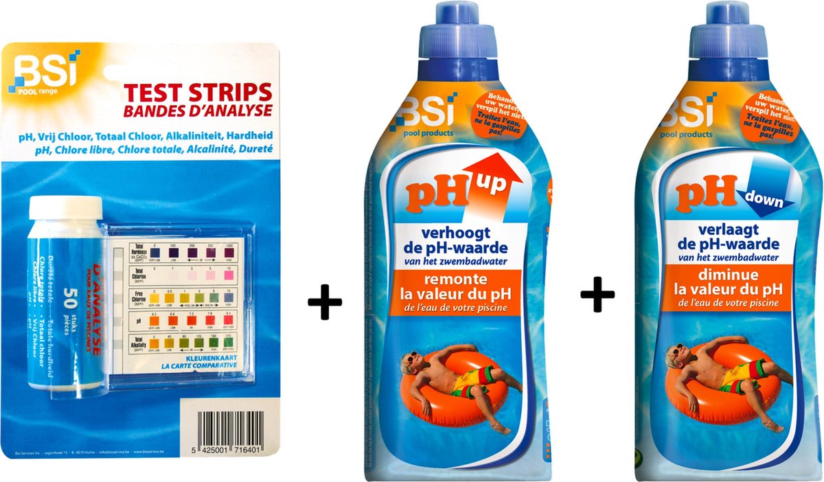 Zwembad pH kit 50 test strips + pH up liquid 1L + pH down
