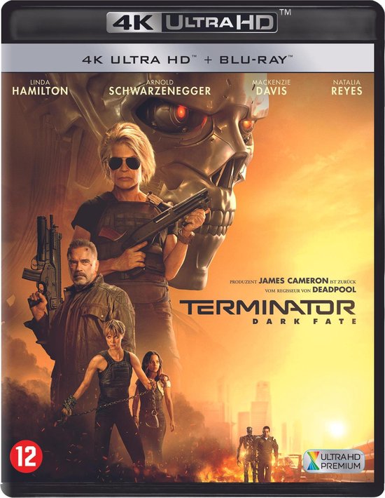 Case van Terminator Dark Fate 4K Ultra HD Blu-ray met Linda Hamilton en Arnold Schwarzenegger op de voorgrond. Terminator schedel prominent boven hen. Duitse tekst.