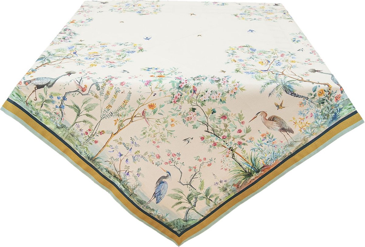 Clayre & Eef Tafelkleed 150x150 cm Beige Groen Katoen Tropisch Motief