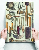 Wandbord: Retro kookbenodigdheden op een mint groene achtergrond - 30 x 42 cm