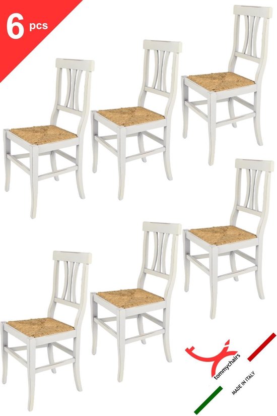 Tommychairs - Ensemble de 6 chaises robustes de style Shabby Chic, modèle Artemisia. Très approprié pour la cuisine, la salle à manger, mais aussi pour la restauration. Chaise en hêtre avec assise en paille de paille