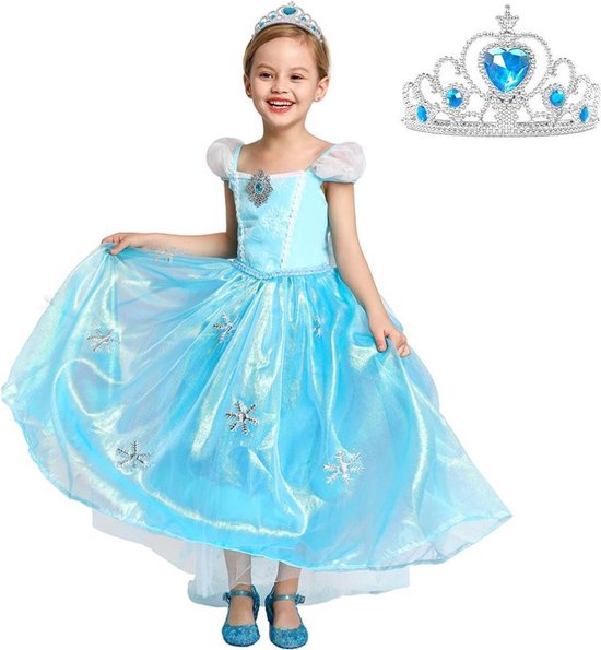 Elsa jurk Sneeuwvlok Luxe 120 met sleep + GRATIS ketting maat 116-122 Prinsessen jurk verkleedkleding