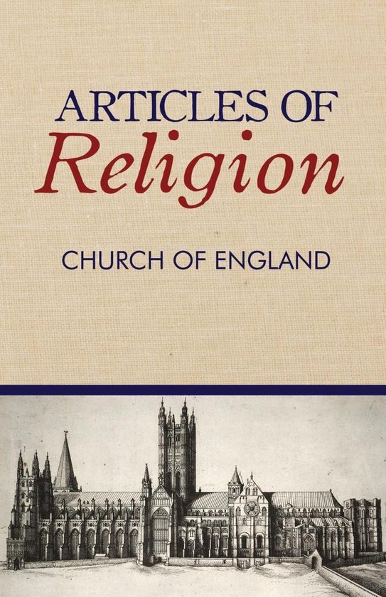 Boekomslag met de titel 'Articles of Religion, Church of England' en een gedetailleerde zwart-wittekening van een kathedraal.