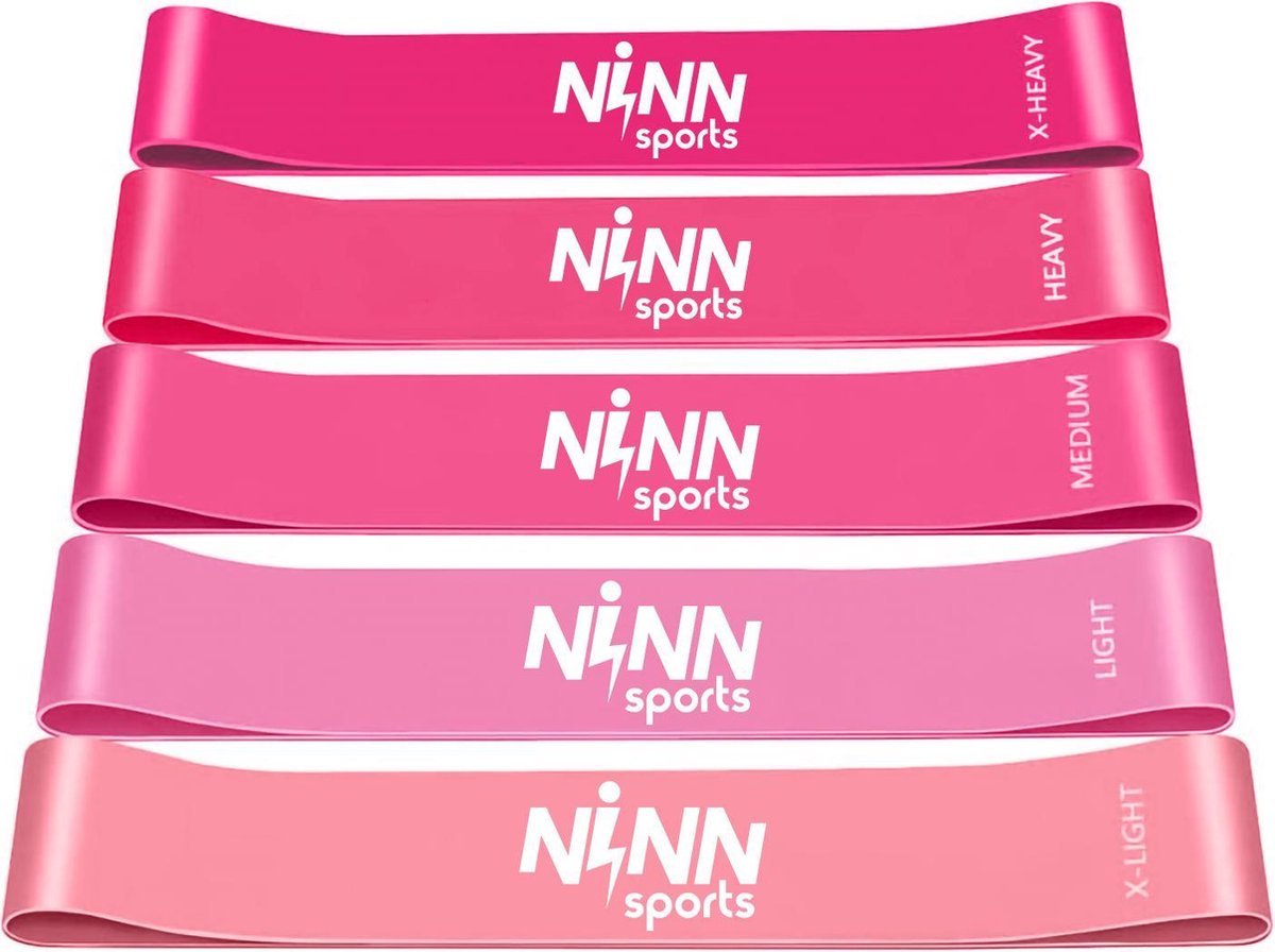 NINN Sports - Premium Weerstandsbanden van hoge kwaliteit ROZE - Set van 5 Resistance Banden - Fitness elastiek - Inclusief eBook
