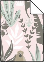 Proefstaal ESTAhome behangpapier jungle apen zacht roze en mintgroen - 139072 - 26,5 x 21 cm
