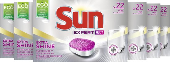 Sun All-In-1 Expert Extra Shine Vaatwastabletten - 6 x 22 tabletten - Voordeelverpakking
