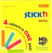 Memoblok Magic Stick'n 76x76mm, 4x neon assorti kleuren geel/blauw/roze/groen, 100 memoblaadjes