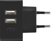 Azuri smartphone thuislader met 2x USB-A & 1x USB-C - Zwart