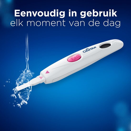 Digitale ovulatietest wordt onder water gehouden. Tekst: 'Eenvoudig in gebruik elk moment van de dag'.