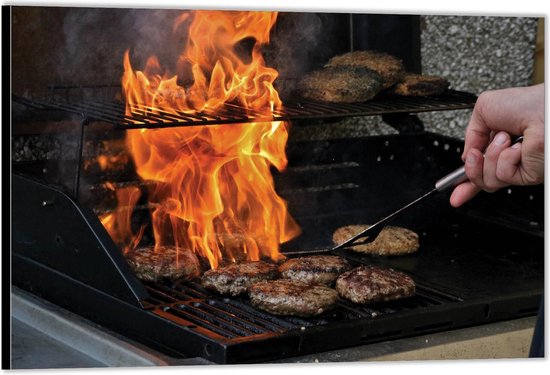 Dibond –Burgers en Vuur op de Barbecue – 40x30 Foto op Aluminium (Wanddecoratie van metaal)