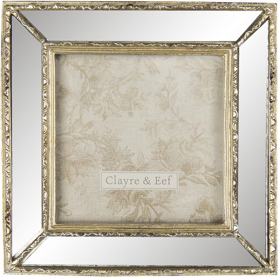 Cadre photo doré avec bord miroir et motif floral. Texte : Clayre & Eef.