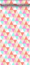 ESTAhome behangpapier driehoekjes roze, turquoise en koraal rood - 138714 - 53 cm x 10,05 m