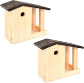 2x Houten vogelhuisjes/nestkastjes met voedertafel - Vurenhouten vogelhuisjes tuindecoraties - Vogelnestje voor tuinvogeltjes - tuindieren