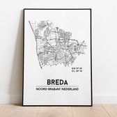 Breda city poster, A3 zonder lijst, plattegrond poster, woonplaatsposter, woonposter