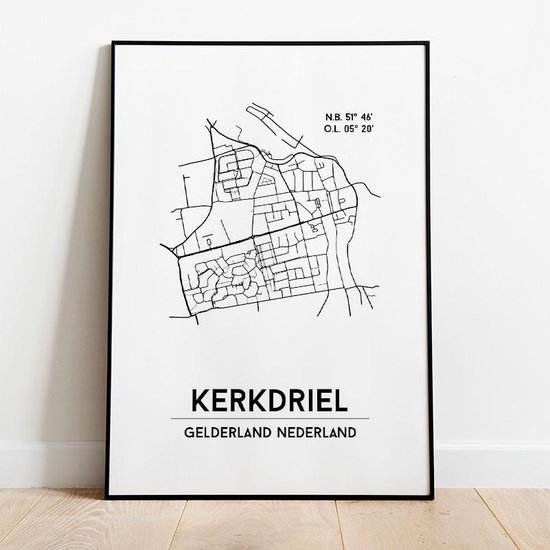 Kerkdriel city poster, A4 met lijst, plattegrond poster, woonplaatsposter, woonposter