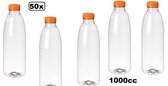 50x Flesje PET helder 1000cc met oranje dop - drink fles vruchten sap limonade drank
