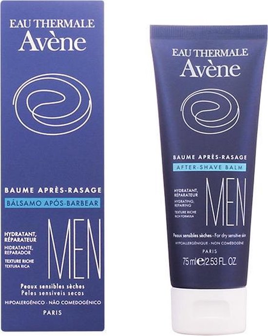 Donkerblauwe kartonnen verpakking en tube met witte dop, met witte tekst en een cirkelvormig logo voor Avène Men Aftershave Balsem.
