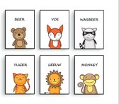 Postercity - Canvas Poster set Blije Leeuw Beer Tijger Aap Vos Wasbeer met Tekst / Jungle - Safari Dieren / Kinderkamer / Dieren Poster / Babykamer - Kinderposter / Babyshower Cadeau / Muurde