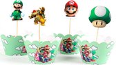 ProductGoods - 12 Stuks Super Mario Bros Mini Cupcake Bakjes + 12 Cupcake Super Mario Bros Versiering  - Kinderen - Kinderfeestje - Party - Taart Decoraties - Verjaardag Decoratie