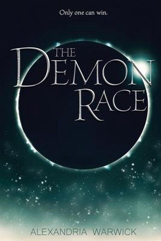 Boek kaft: 'The Demon Race' door Alexandria Warwick, met een zonsverduistering en sterren.